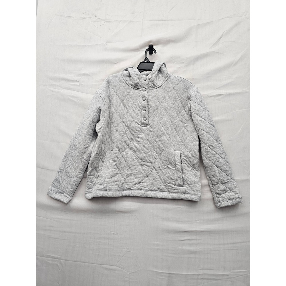 Lands' End Womens Quilted Pullover Hoodie Grey Cotton Blend Casual Size Medium